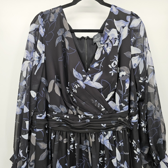 Adrianna Papell Blk/Blue Floral Printed Chiffon Formal Event Gown Womens 20W - Picture 5 of 9